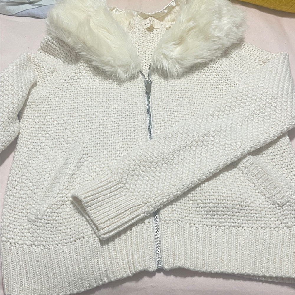 Anthropologie Cream Knit Jacket with Faux Fur Collar